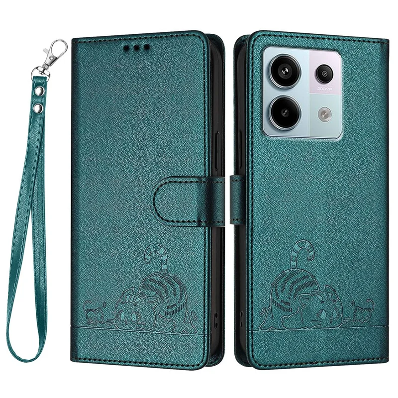 For Xiaomi Redmi Note 13 Pro 5G / Poco X6 5G Case with Strap RFID Blocking Leather Wallet Phone Cover Cat Mouse Pattern -  Dark Green