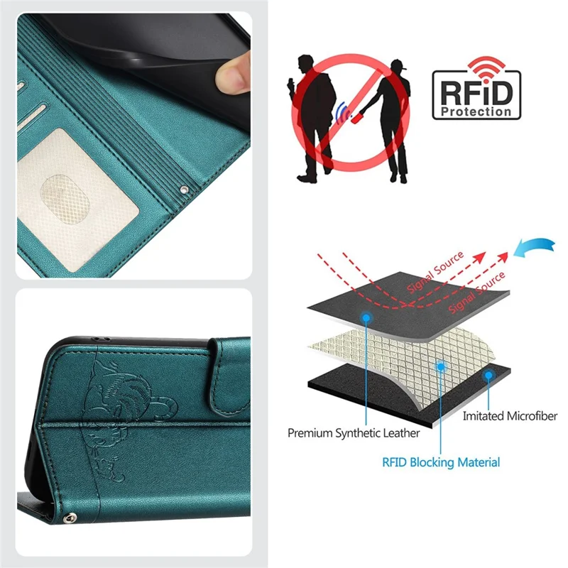For Xiaomi Redmi Note 13 Pro 5G / Poco X6 5G Case with Strap RFID Blocking Leather Wallet Phone Cover Cat Mouse Pattern -  Dark Green