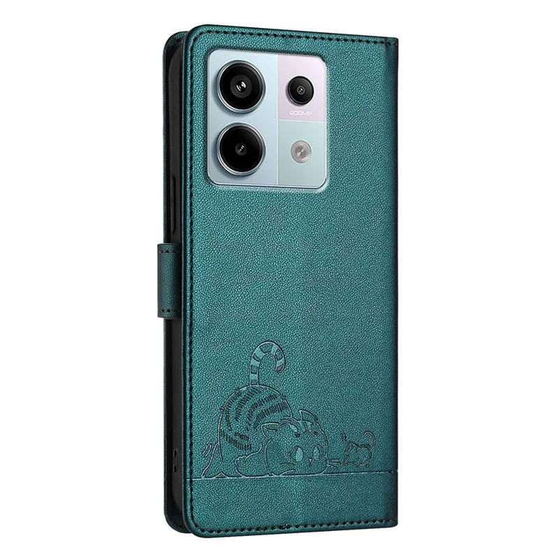 For Xiaomi Redmi Note 13 Pro 5G / Poco X6 5G Case with Strap RFID Blocking Leather Wallet Phone Cover Cat Mouse Pattern -  Dark Green