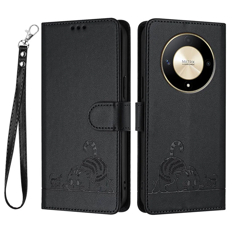 For Honor Magic6 Lite 5G / X9b 5G / X50 5G Case with Strap RFID Blocking Leather Wallet Phone Cover Cat Mouse Pattern - Black