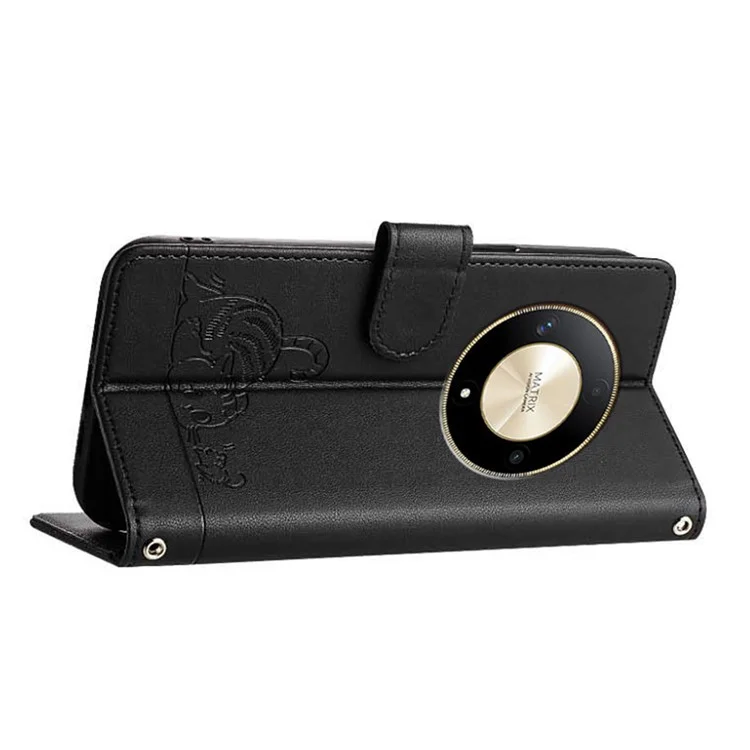 For Honor Magic6 Lite 5G / X9b 5G / X50 5G Case with Strap RFID Blocking Leather Wallet Phone Cover Cat Mouse Pattern - Black