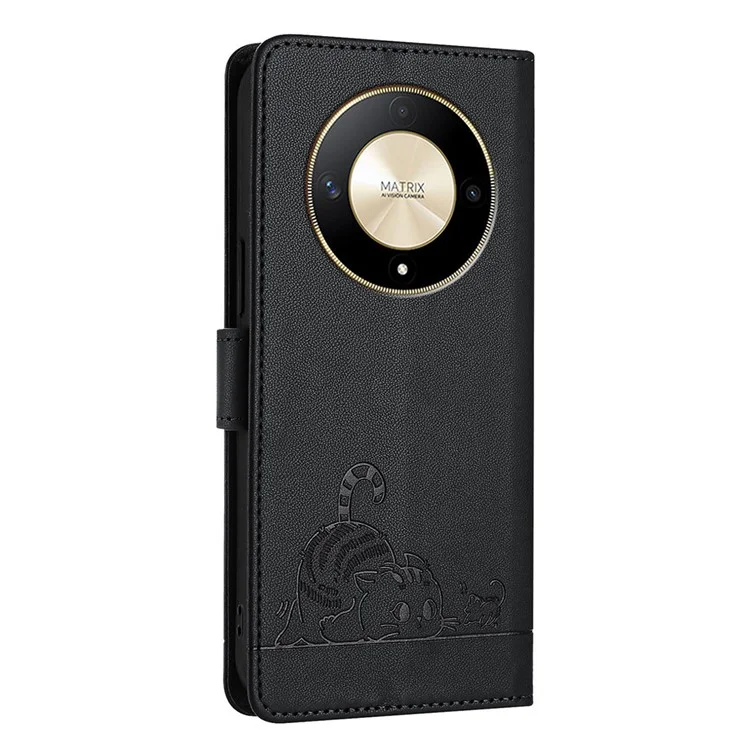 For Honor Magic6 Lite 5G / X9b 5G / X50 5G Case with Strap RFID Blocking Leather Wallet Phone Cover Cat Mouse Pattern - Black