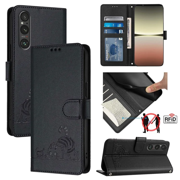 For Sony Xperia 1 V Case with Strap RFID Blocking Leather Wallet Phone Cover Cat Mouse Pattern - Black