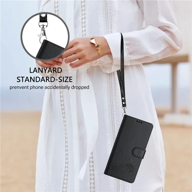 For Sony Xperia 1 V Case with Strap RFID Blocking Leather Wallet Phone Cover Cat Mouse Pattern - Black