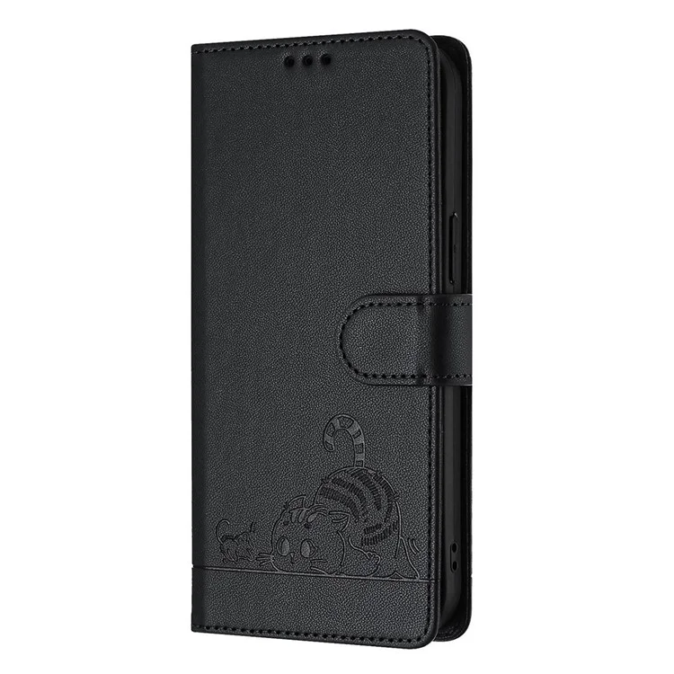 For Sony Xperia 1 V Case with Strap RFID Blocking Leather Wallet Phone Cover Cat Mouse Pattern - Black