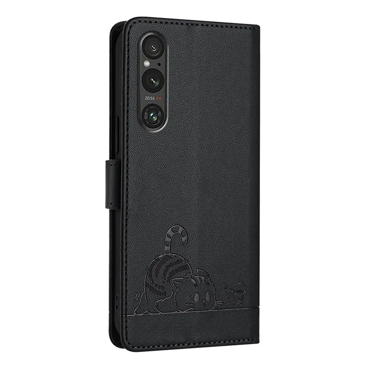 For Sony Xperia 1 V Case with Strap RFID Blocking Leather Wallet Phone Cover Cat Mouse Pattern - Black