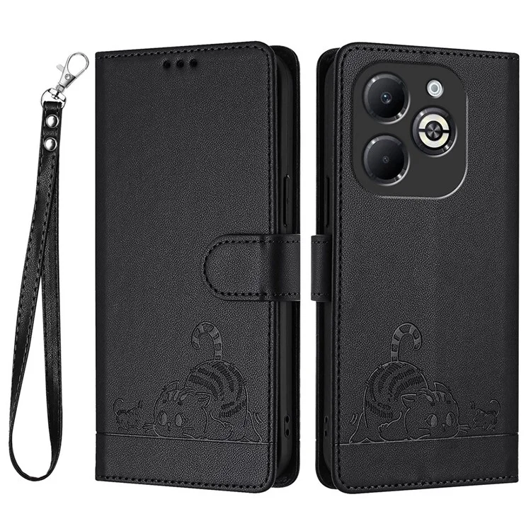 For Infinix Smart 8 Plus / Smart 8 Pro 4G Case with Strap RFID Blocking Leather Wallet Phone Cover Cat Mouse Pattern -  Black