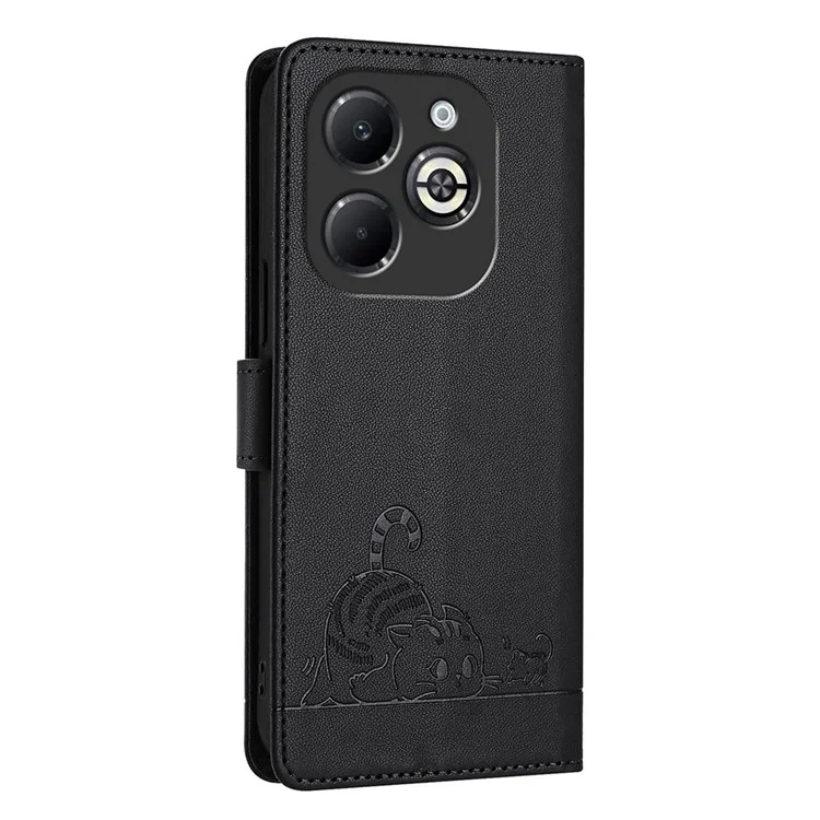 For Infinix Smart 8 Plus / Smart 8 Pro 4G Case with Strap RFID Blocking Leather Wallet Phone Cover Cat Mouse Pattern -  Black