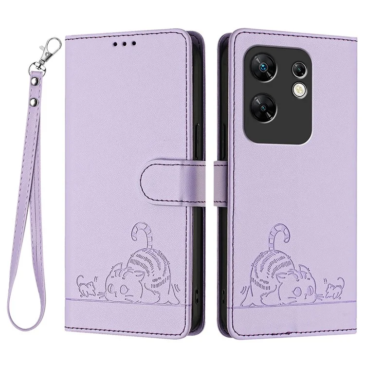 For Infinix Zero 30 4G Case with Strap RFID Blocking Leather Wallet Phone Cover Cat Mouse Pattern - Purple
