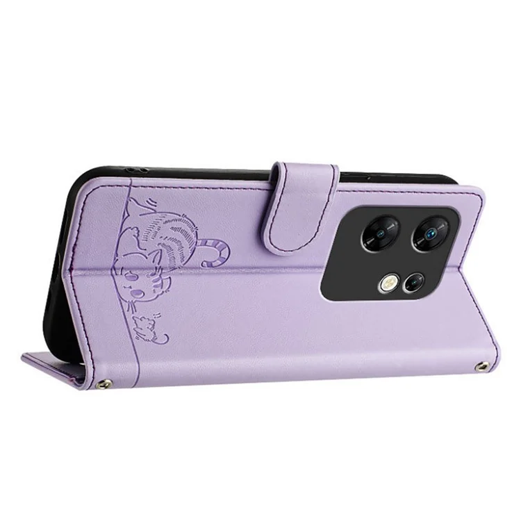 For Infinix Zero 30 4G Case with Strap RFID Blocking Leather Wallet Phone Cover Cat Mouse Pattern - Purple