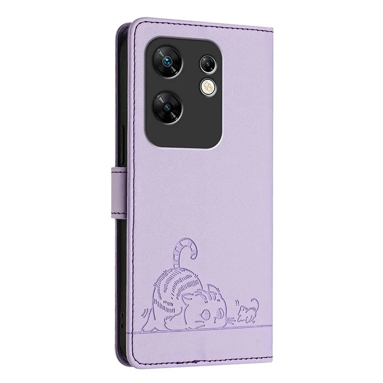 For Infinix Zero 30 4G Case with Strap RFID Blocking Leather Wallet Phone Cover Cat Mouse Pattern - Purple
