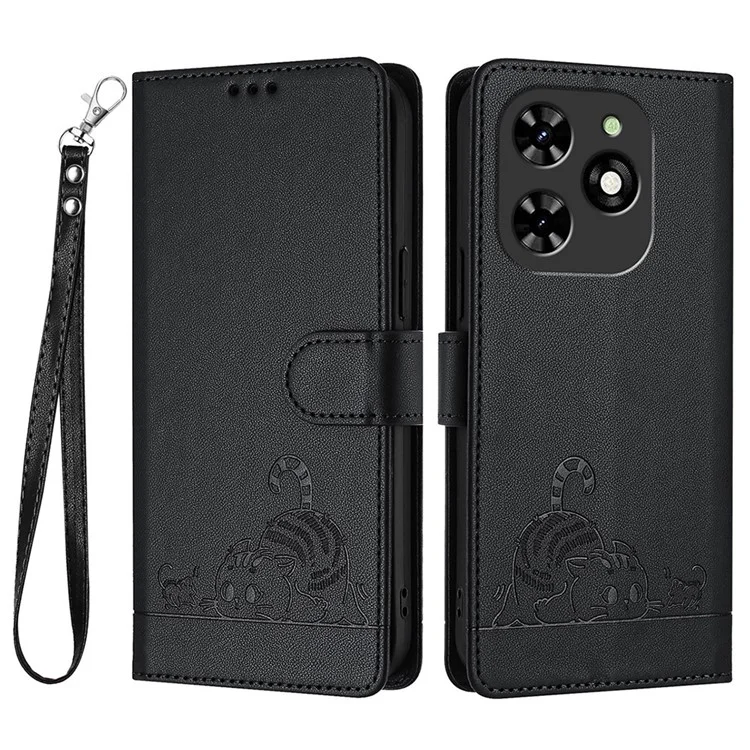 For TECNO Spark Go 2024 4G / Spark 20C Case with Strap RFID Blocking Leather Wallet Phone Cover Cat Mouse Pattern - Black