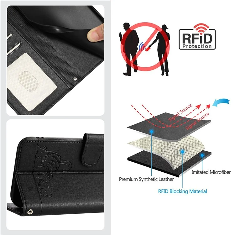For TECNO Spark Go 2024 4G / Spark 20C Case with Strap RFID Blocking Leather Wallet Phone Cover Cat Mouse Pattern - Black