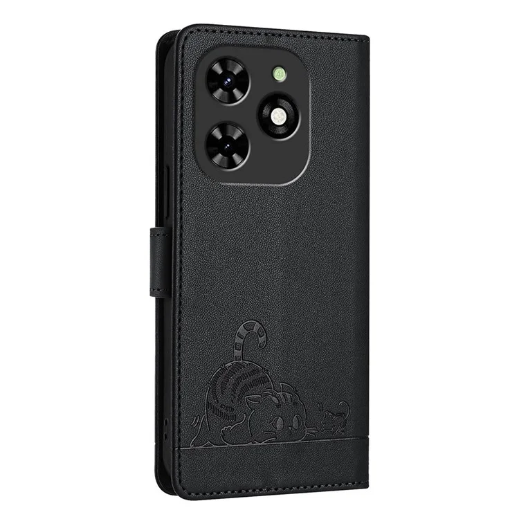 For TECNO Spark Go 2024 4G / Spark 20C Case with Strap RFID Blocking Leather Wallet Phone Cover Cat Mouse Pattern - Black