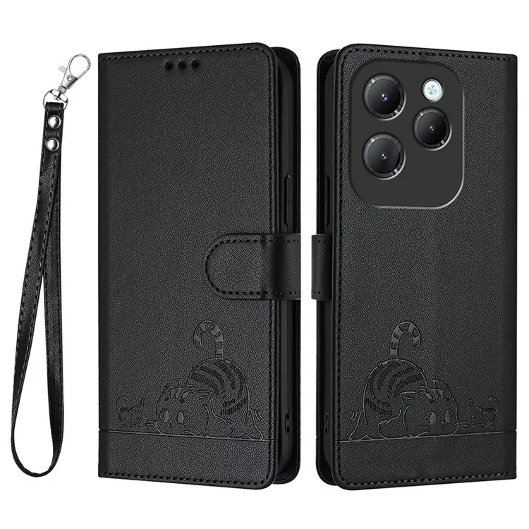 For Infinix Hot 40 Pro / Hot 40 Case with Strap RFID Blocking Leather Wallet Phone Cover Cat Mouse Pattern - Black