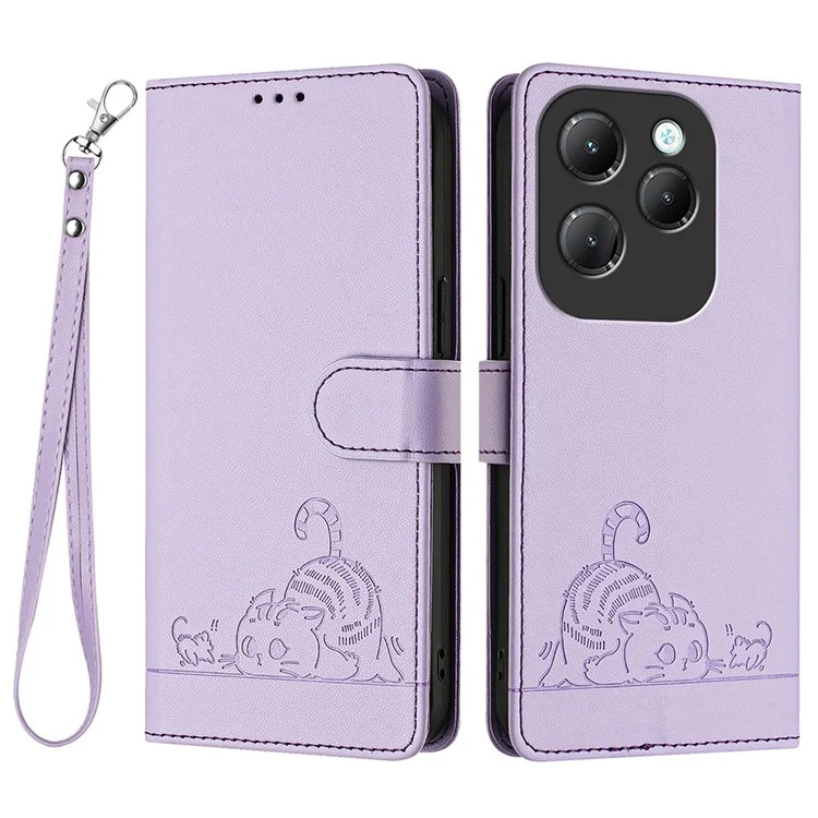 For Infinix Hot 40 Pro / Hot 40 Case with Strap RFID Blocking Leather Wallet Phone Cover Cat Mouse Pattern - Purple