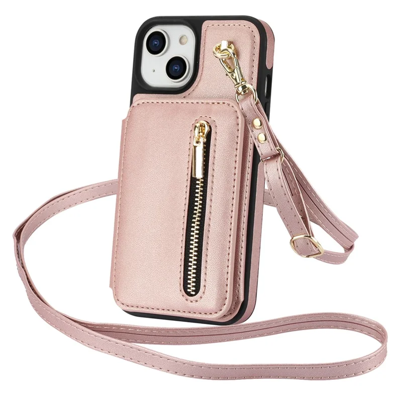 Para iPhone 15 Case Zipper Leather+TPU Kickstand Phone Cover with Shoulder Strap - Rose Gold