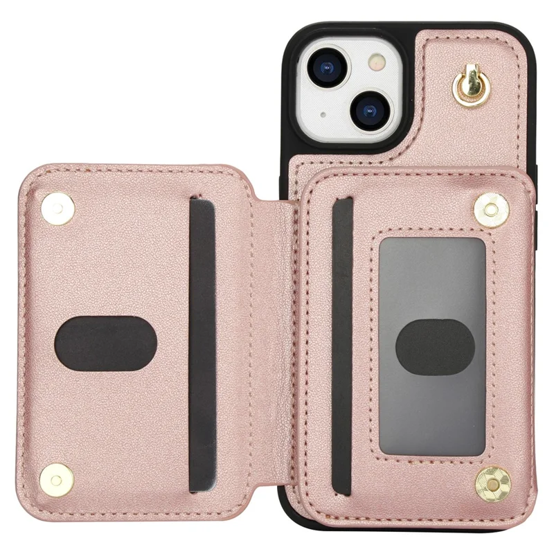 Para iPhone 15 Case Zipper Leather+TPU Kickstand Phone Cover with Shoulder Strap - Rose Gold