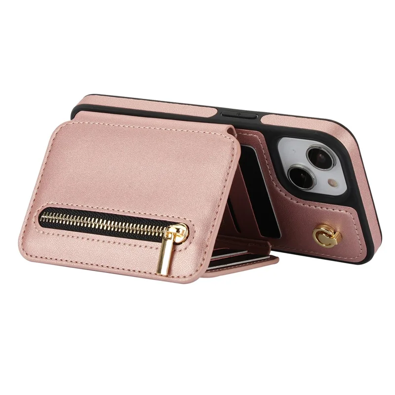 Para iPhone 15 Case Zipper Leather+TPU Kickstand Phone Cover with Shoulder Strap - Rose Gold