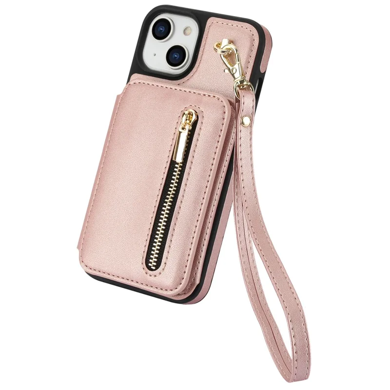 Para iPhone 15 Case Zipper Leather+TPU Kickstand Phone Cover with Shoulder Strap - Rose Gold