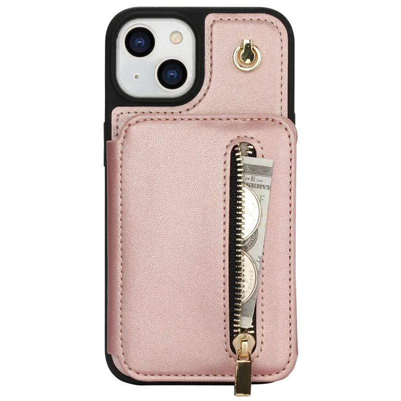 Para iPhone 15 Case Zipper Leather+TPU Kickstand Phone Cover with Shoulder Strap - Rose Gold