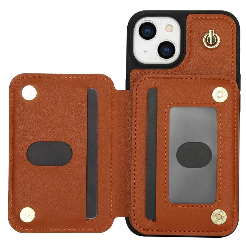 For iPhone 15 Case Zipper Leather+TPU Kickstand Phone Cover with Shoulder Strap - Brown
