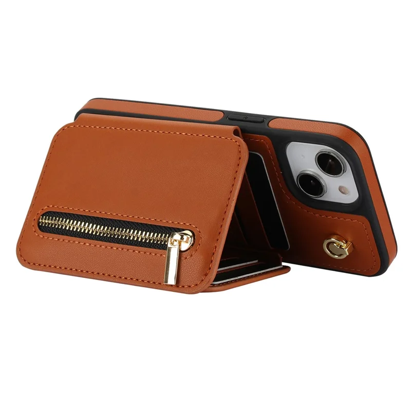 For iPhone 15 Case Zipper Leather+TPU Kickstand Phone Cover with Shoulder Strap - Brown