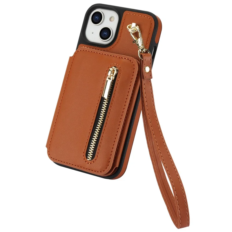 For iPhone 15 Case Zipper Leather+TPU Kickstand Phone Cover with Shoulder Strap - Brown