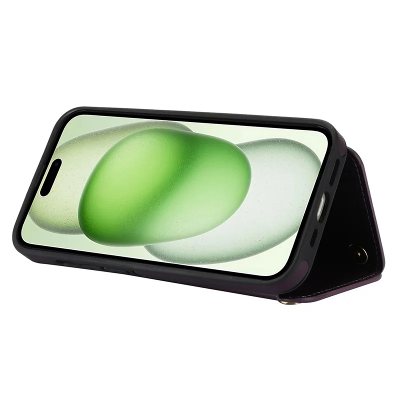 For iPhone 15 Case Zipper Leather+TPU Kickstand Phone Cover with Shoulder Strap - Black