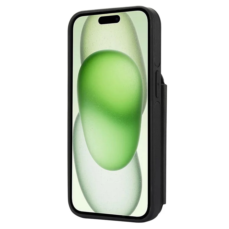 For iPhone 15 Case Zipper Leather+TPU Kickstand Phone Cover with Shoulder Strap - Black