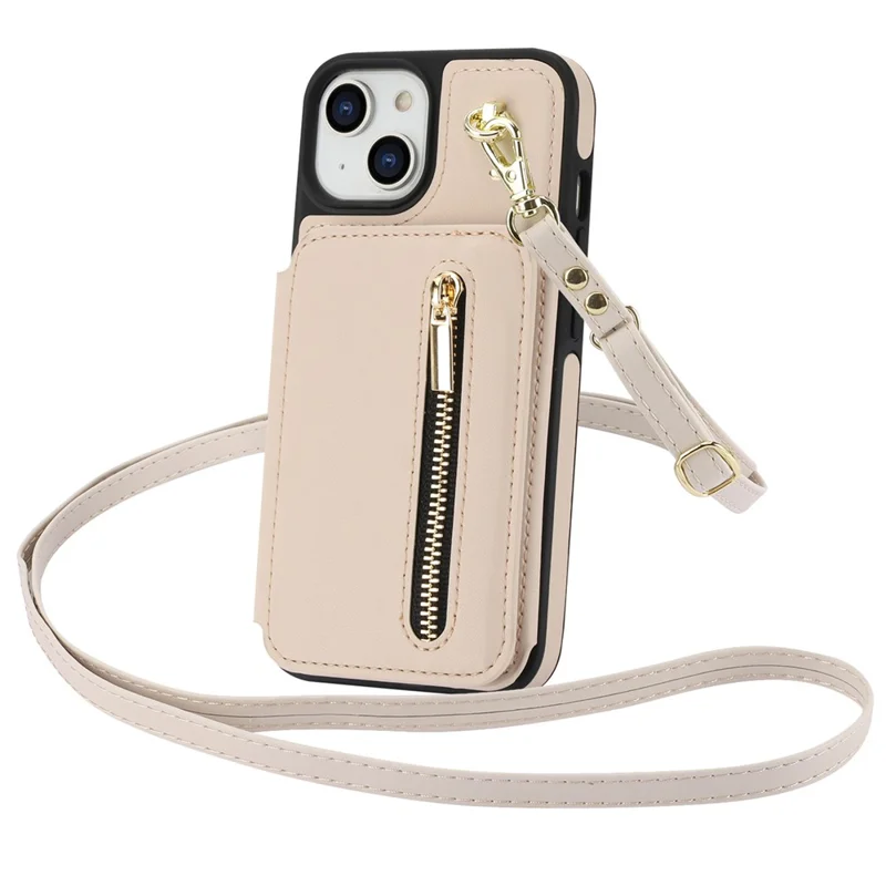 For iPhone 15 Case Zipper Leather+TPU Kickstand Phone Cover with Shoulder Strap - Apricot