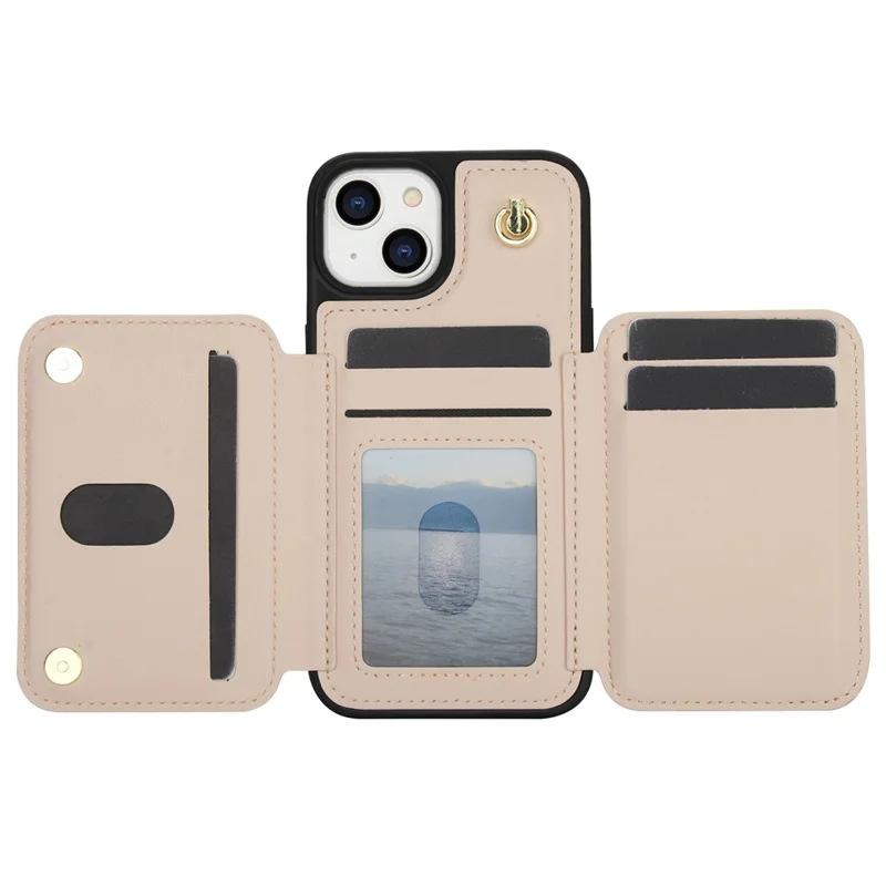 For iPhone 15 Case Zipper Leather+TPU Kickstand Phone Cover with Shoulder Strap - Apricot