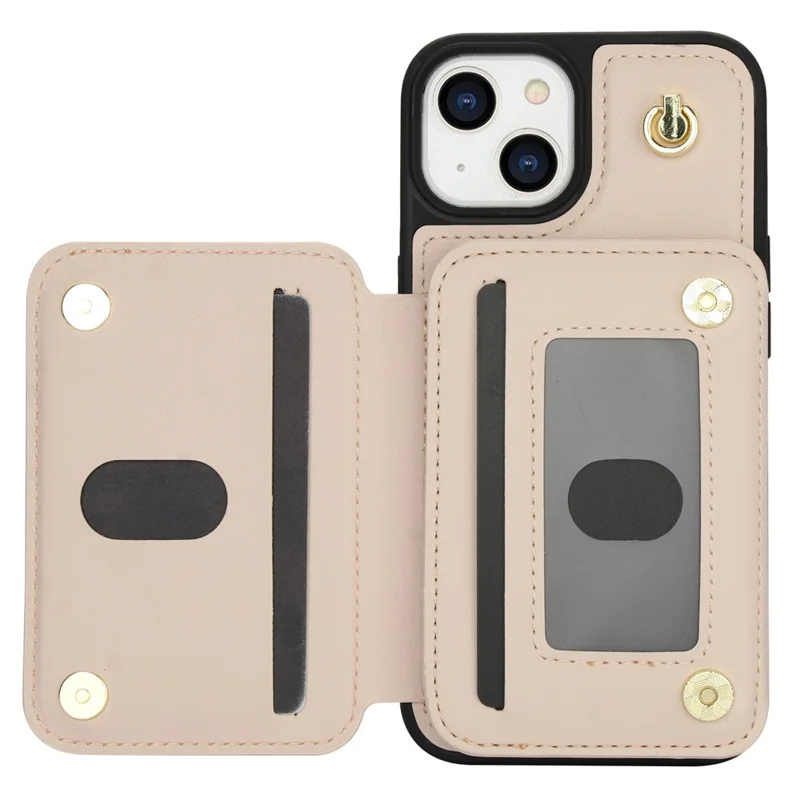 For iPhone 15 Case Zipper Leather+TPU Kickstand Phone Cover with Shoulder Strap - Apricot