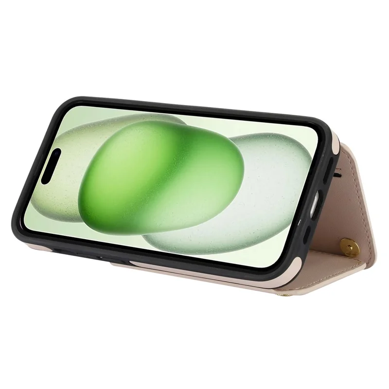 For iPhone 15 Case Zipper Leather+TPU Kickstand Phone Cover with Shoulder Strap - Apricot