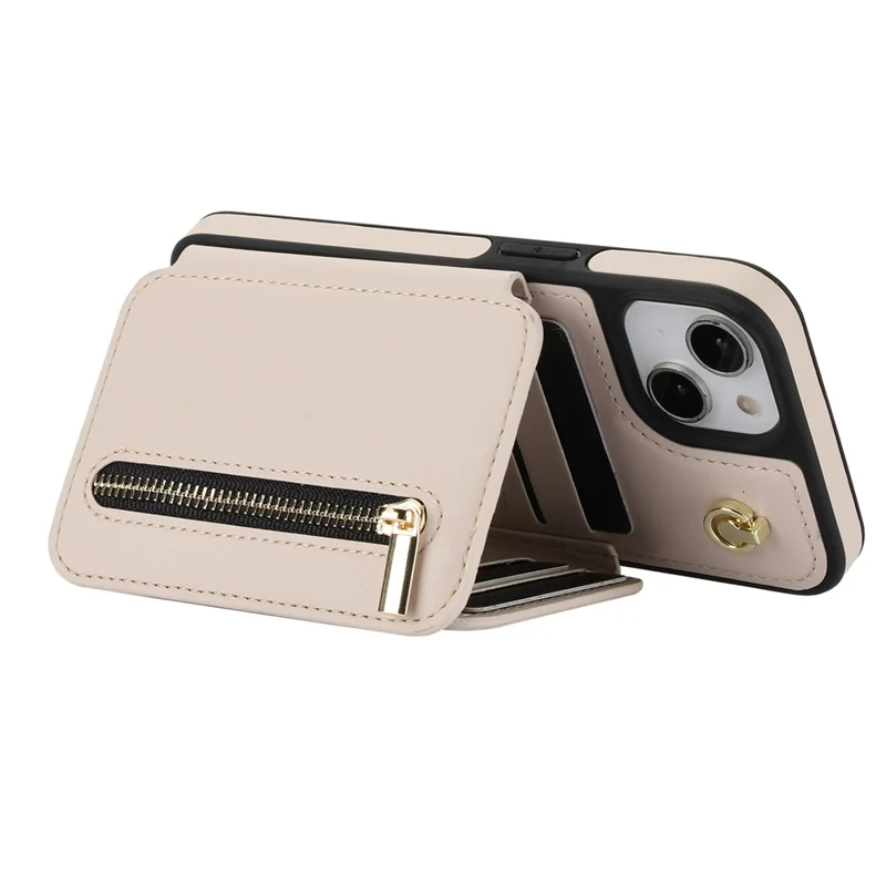 For iPhone 15 Case Zipper Leather+TPU Kickstand Phone Cover with Shoulder Strap - Apricot
