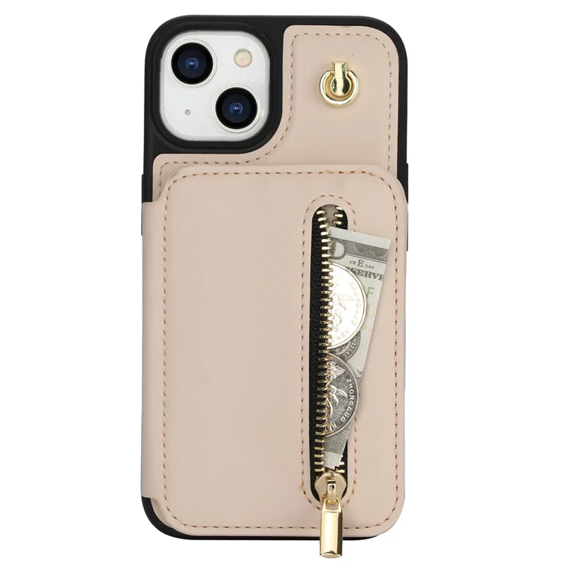 For iPhone 15 Case Zipper Leather+TPU Kickstand Phone Cover with Shoulder Strap - Apricot