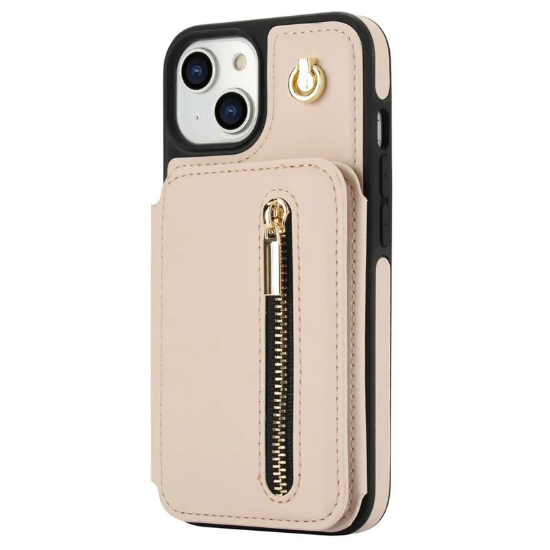 For iPhone 15 Case Zipper Leather+TPU Kickstand Phone Cover with Shoulder Strap - Apricot