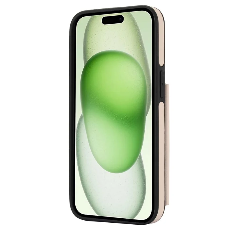 For iPhone 15 Case Zipper Leather+TPU Kickstand Phone Cover with Shoulder Strap - Apricot