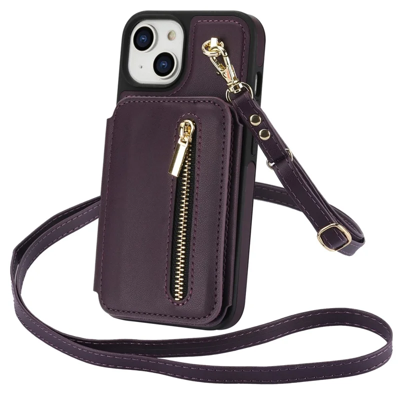 For iPhone 15 Case Zipper Leather+TPU Kickstand Phone Cover with Shoulder Strap - Dark Purple