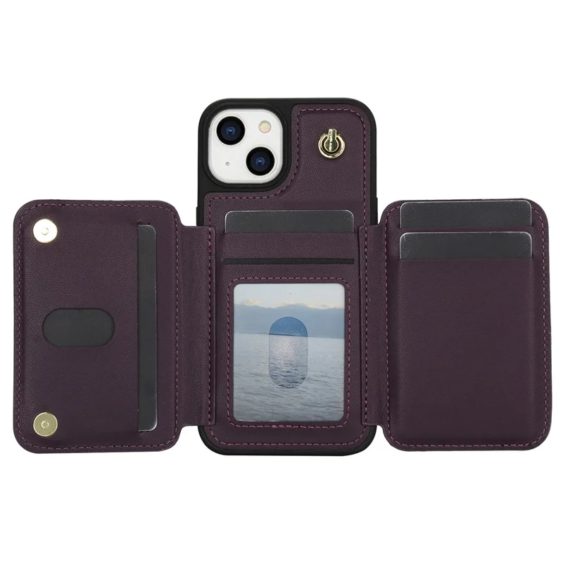 For iPhone 15 Case Zipper Leather+TPU Kickstand Phone Cover with Shoulder Strap - Dark Purple