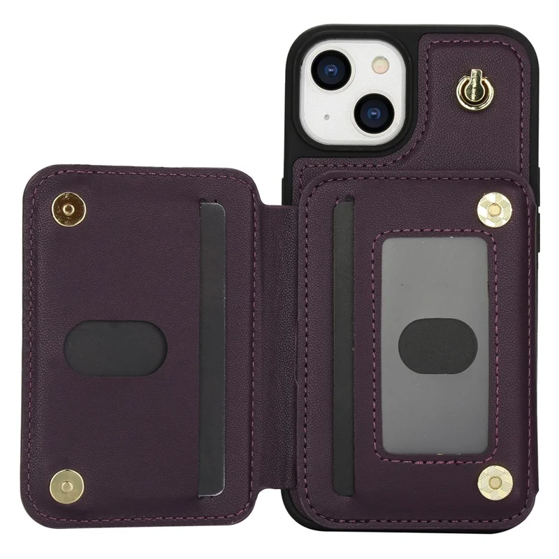 For iPhone 15 Case Zipper Leather+TPU Kickstand Phone Cover with Shoulder Strap - Dark Purple