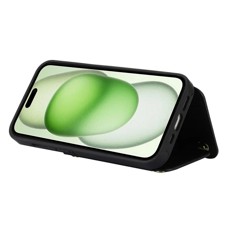 For iPhone 15 Case Zipper Leather+TPU Kickstand Phone Cover with Shoulder Strap - Dark Purple