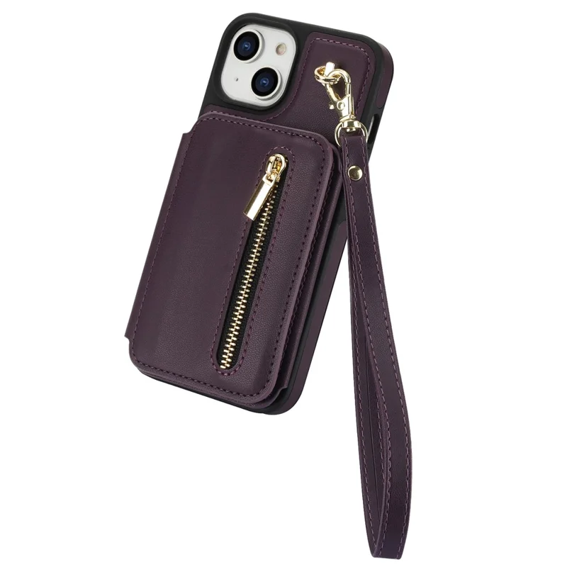 For iPhone 15 Case Zipper Leather+TPU Kickstand Phone Cover with Shoulder Strap - Dark Purple