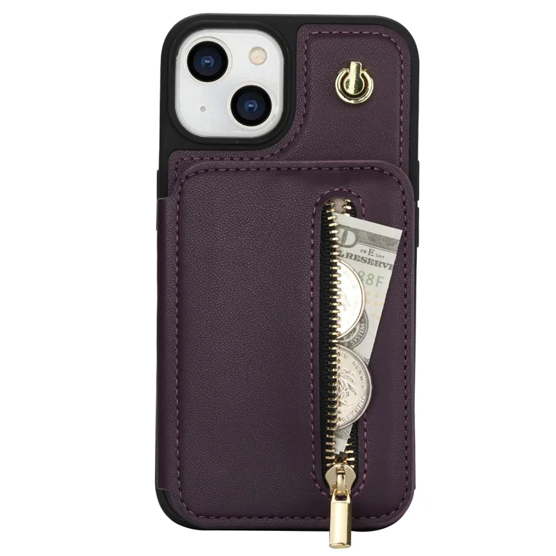 For iPhone 15 Case Zipper Leather+TPU Kickstand Phone Cover with Shoulder Strap - Dark Purple
