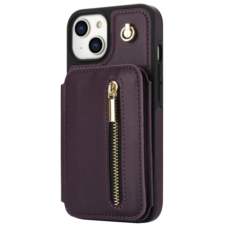 For iPhone 15 Case Zipper Leather+TPU Kickstand Phone Cover with Shoulder Strap - Dark Purple