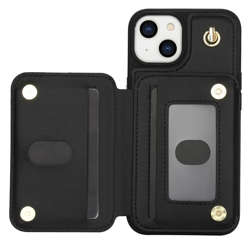 For iPhone 14 Plus Case Kickstand Zipper Pocket Leather+TPU Phone Cover  - Black