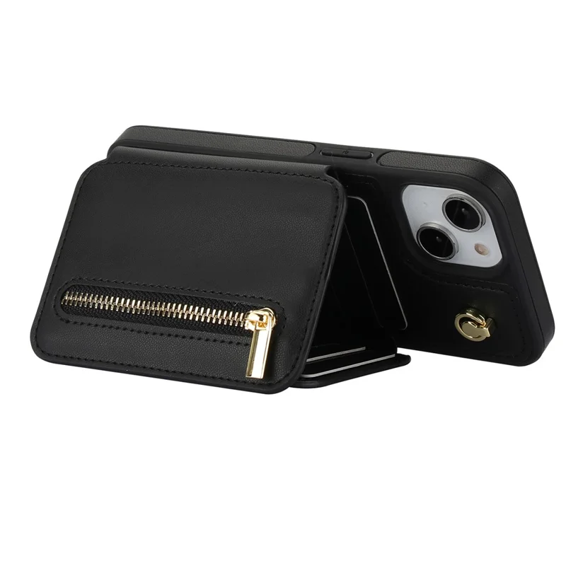 For iPhone 14 Plus Case Kickstand Zipper Pocket Leather+TPU Phone Cover  - Black