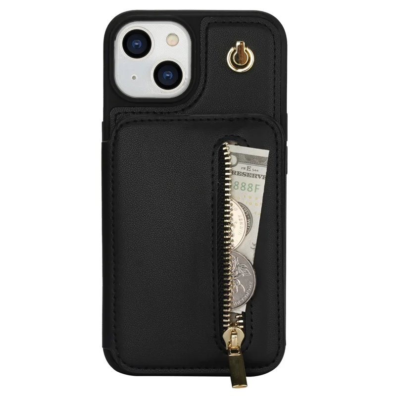 For iPhone 14 Plus Case Kickstand Zipper Pocket Leather+TPU Phone Cover  - Black