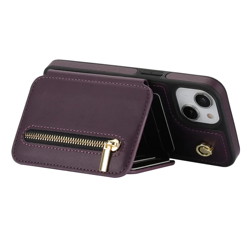 For iPhone 14 Plus Case Kickstand Zipper Pocket Leather+TPU Phone Cover  - Dark Purple