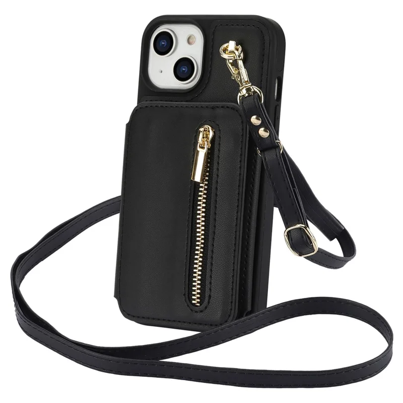 For iPhone 14 Case Zipper Pocket Leather Coated TPU Crossbody Phone Cover - Black